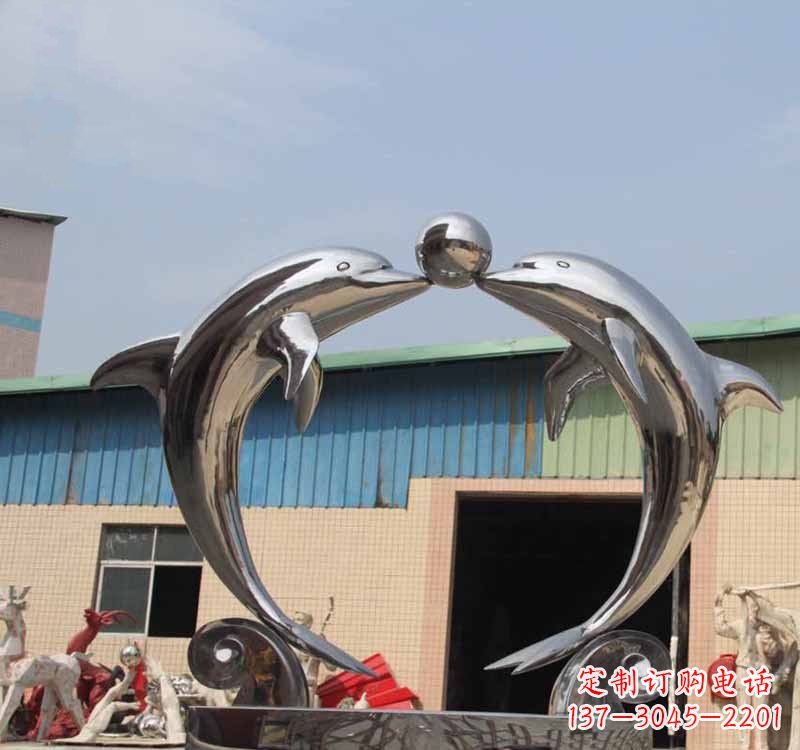 哈尔滨海豚之恋——不锈钢公园镜面海豚顶球雕塑