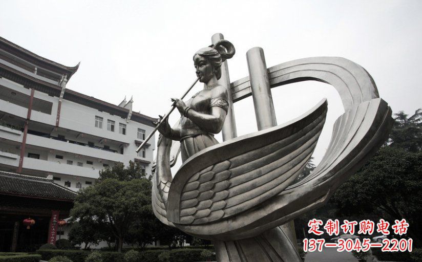哈尔滨古典美女不锈钢吹笛子雕塑