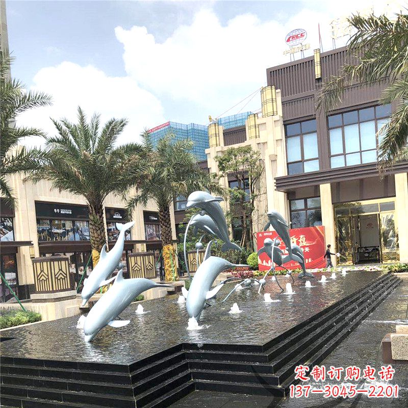 哈尔滨不锈钢海豚喷泉-城市企业街道睡觉景观雕塑