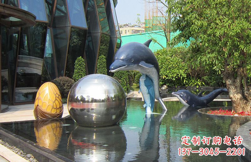 哈尔滨不锈钢海豚水景雕塑,企业公园园林创意景观雕塑