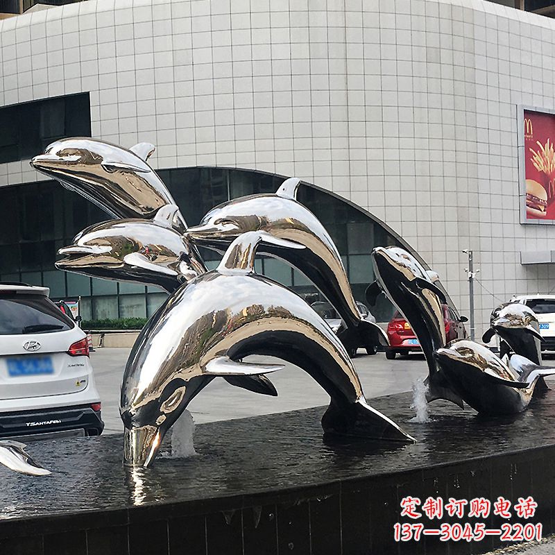 哈尔滨城市商场不锈钢镜面海豚水景景观雕塑摆件