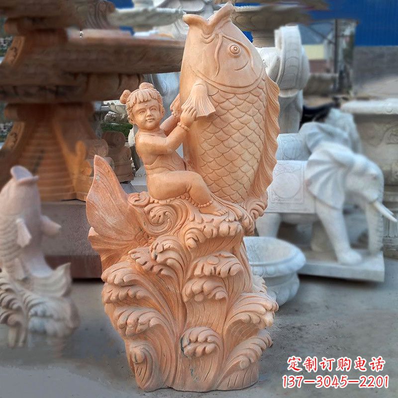 哈尔滨大型喷水鲤鱼景观雕塑-晚霞红石雕动物喷泉