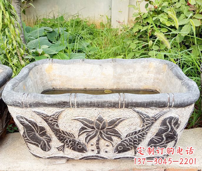 哈尔滨方形荷花鲤鱼石浮雕水缸