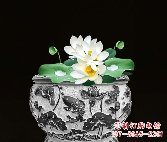 哈尔滨仿古荷花鲤鱼雕塑石水缸