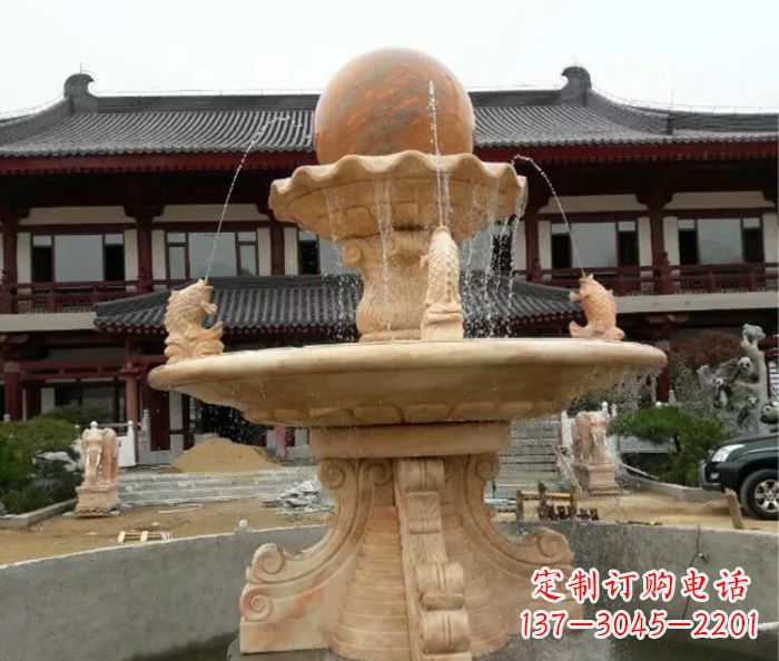 哈尔滨双层风水球喷泉晚霞红石雕