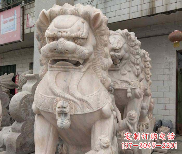 哈尔滨寺庙景观晚霞红狮子石雕