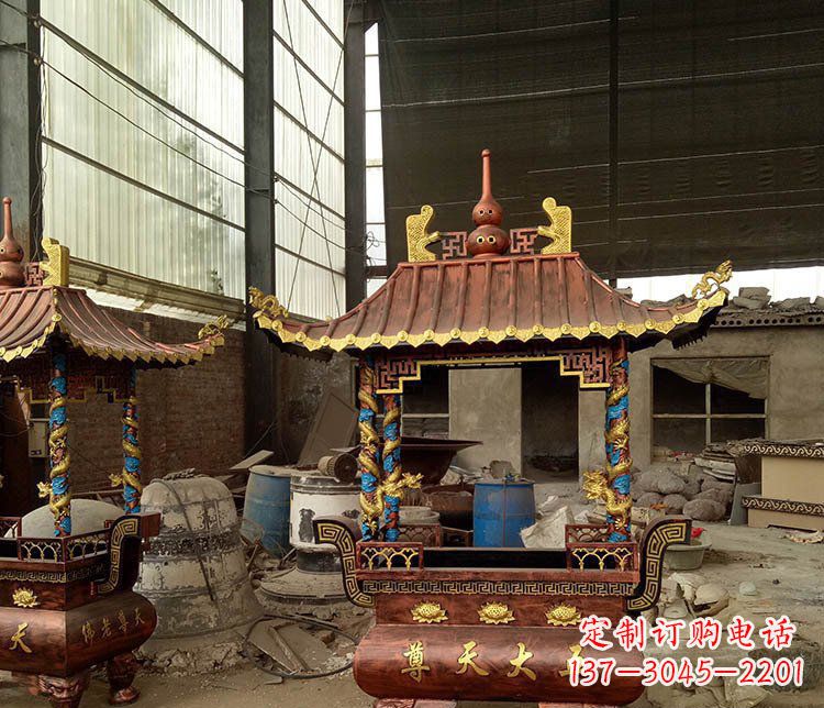哈尔滨铜雕小型寺庙香炉摆件