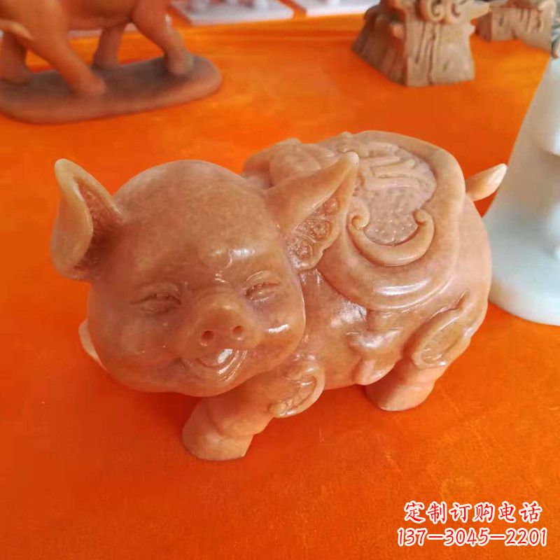 哈尔滨晚霞红大理石招财猪雕塑-企业商场创意生肖动物风水摆件
