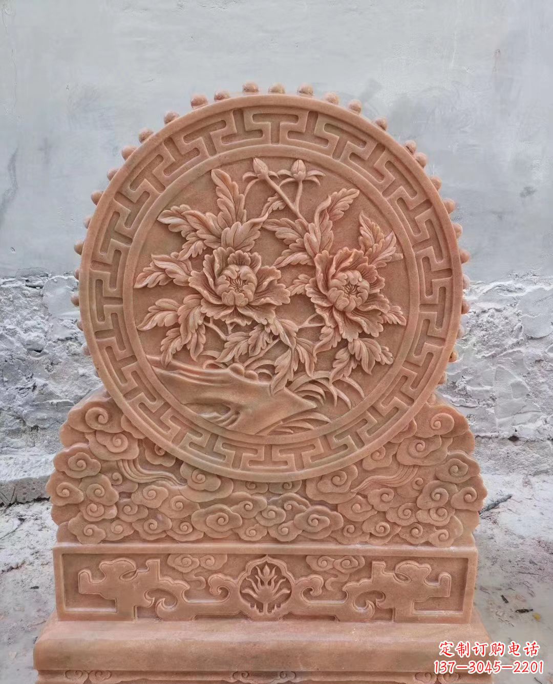 哈尔滨晚霞红牡丹花浮雕石门墩