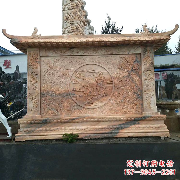 哈尔滨晚霞红麒麟影壁墙石雕