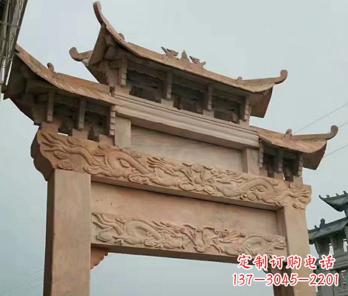 哈尔滨晚霞红石雕单门牌坊