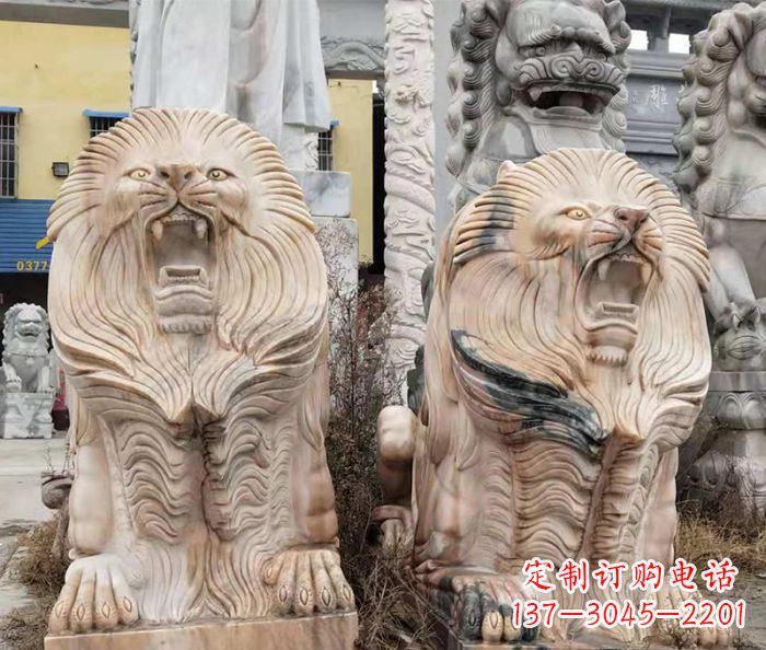 哈尔滨晚霞红石雕欧式石狮子
