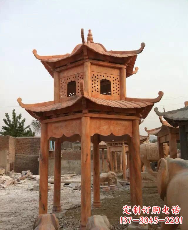 哈尔滨晚霞红双层凉亭石雕