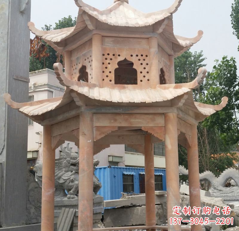 哈尔滨晚霞红双层六角凉亭石雕 (2)