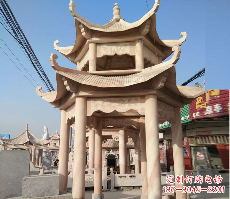 哈尔滨晚霞红双层六角凉亭石雕 (3)