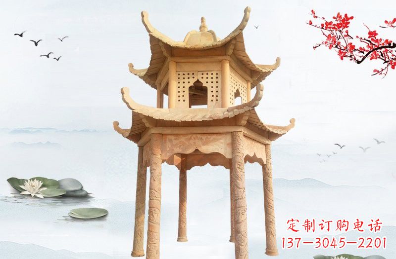 哈尔滨晚霞红双层六角凉亭石雕