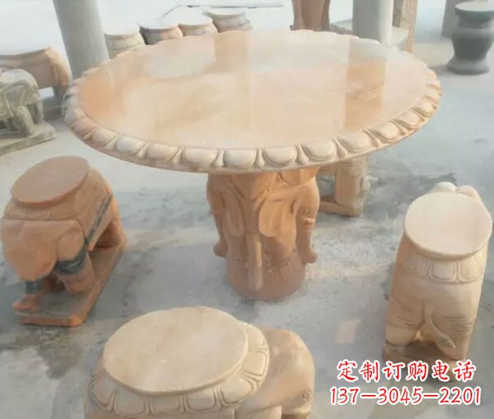 哈尔滨晚霞红小象桌凳别墅石雕 (2)