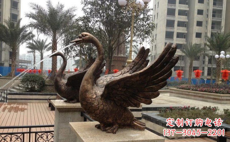 哈尔滨小区喷水天鹅动物铜雕