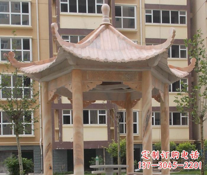 哈尔滨小区晚霞红六角凉亭石雕