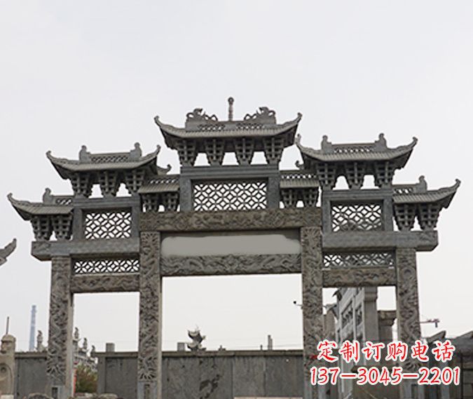 哈尔滨园林仿古三门牌坊石雕 (4)