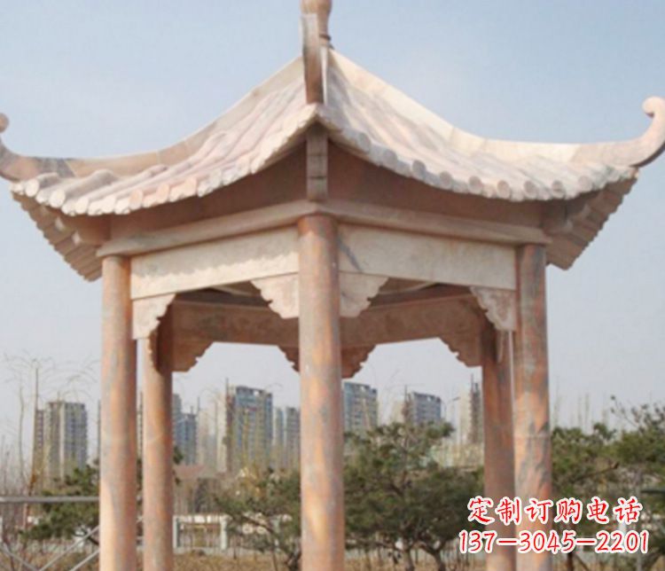 哈尔滨园林晚霞红六角石凉亭景观石雕